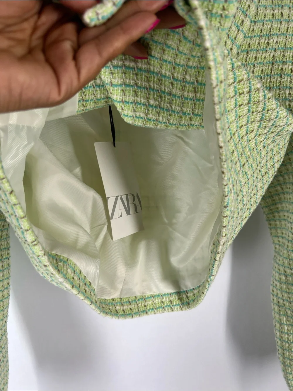 ZARA NWT Green Tweed Cropped Blazer Pearl Buttons Size XS